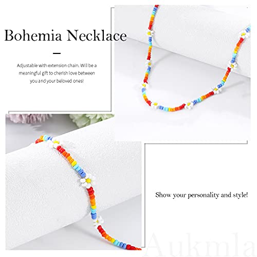 Aukmla Boho Perlen Choker Halskette Sommer Strand Bunte Samen Perle Blume Halsketten Kette Perlenschmuck für Frauen und Mädchen