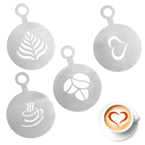 Cappuccino Stencils 4 Pcs Coffee Stencils Latte Art Stainless Steel Reusable Metal Coffee Stencil for Cappuccino Lattes Cake Decorating Coffees Shop and Home Use (Silver)