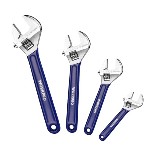 WORKPRO Adjustable Wrench Set 6-inch 8-inch 10-inch 12-inch Wide Jaw Wrenches with SAE and Metric Scales Rubber Grip Heat-Treated Steel for Home Repairs Plumbing and Garage Work