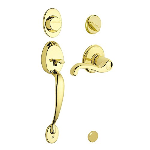 Schlage Plymouth Handleset w Flair Interior Lever Right Hand in Bright Brass - Dummy Style - F93 PLY 505 FLA RH (Bright Brass) - 496305 , Gold - image 1