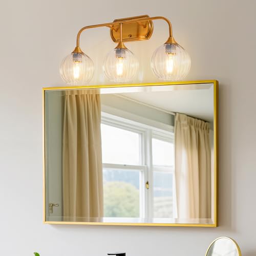 Image of MantoLite 3-Light Vintage Bathroom Vanity Light, Glass Shade Wall Lamp | Ribbed Clear Glass Bathroom Light Fixtures,Bathroom Wall Lamp for Mirror Kitchen Living Room Antique Bronze(Bulb excluded)