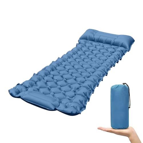 Podazz Colchón de Camping Inflable con Almohada - Colchón Individual para Campamento de 10 CM de Grosor Ultraligero Colchón de Viaje con Bomba de pie incorporada para mochilero y Senderismo(Azul)