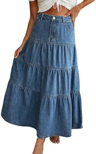 EMMIOL Long Denim Skirt for Women - High Waisted A-Line Jean Maxi Skirts Dark Wash Tiered Swing Jean Skirt with Pockets