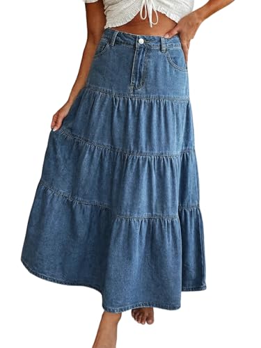 EMMIOL Denim Maxi Skirt for Women - Mid High Waisted...