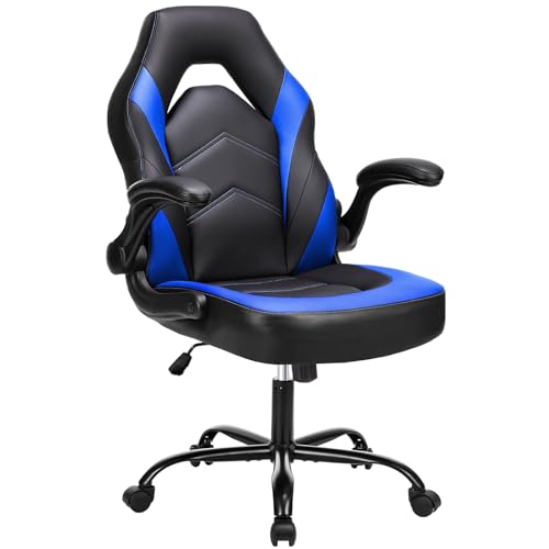 Image of Ergonomic Computer Gaming Chair - Home Office Desk with PU Leather Lumbar Support, Adjustable Big and Tall Video Game with Flip-up Armrest, Swivel Wheels for Adults and Teens,Black Blue