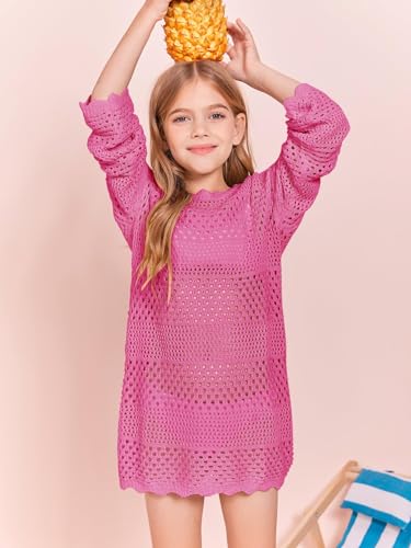 Batermoon Girls Crochet Long Sleeve Swimsuit Cover Up Kids Fashion Hollow Out Swimwear Beach Dress 5-14 Years2