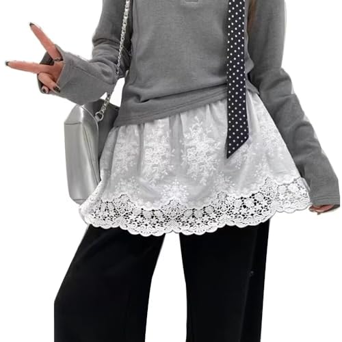 [Uroi] 付け裾 レイヤード 花柄 レース レディース 透かし つけ裾 Aライン スカート 裾 体型カバー ウエストゴム 重ね着 トップス ガーリー おしゃれ カジュアル 可愛い ファッション小物 ホワイト フリー