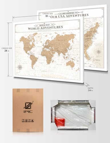 Image of IPIC - Vintage World Map & USA Map Canvas Wall Art Set of 2, Large Travel Art Prints for Office, Home, Study and RV, Push Pin Board Decor for Travel Lovers, Ready to Hang
