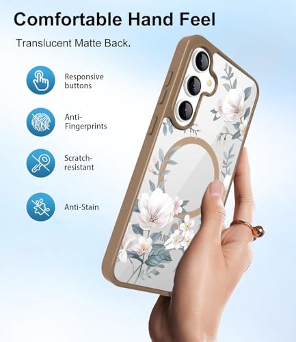 Image of VONZEE Compatible with Samsung Galaxy S25 Plus 5G Case Luxury Retro Flowers Floral for Magnetic Wireless Charging Clear Case Shockproof PC+TPU Cute Glossy Shiny Cover for Girls Women,Desert Titanium