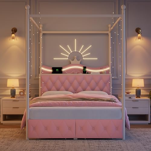Keyluv Full Size Upholstered LED Canopy Bed Frame with Charging Station and Drawer, Button Tufted Crown Headboard with Storage Shelf, Two-Purpose Removable Four Poster Design Platform Bed, Pink