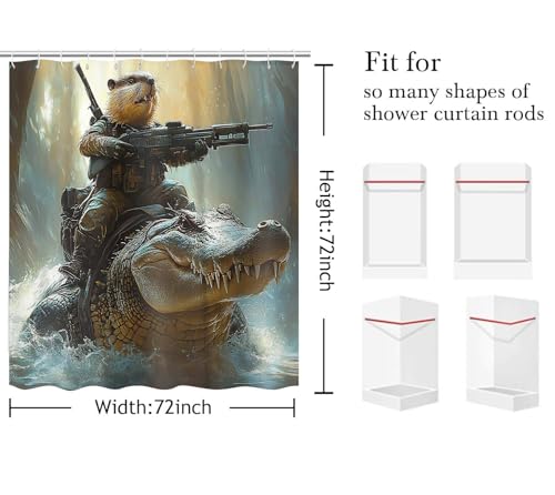 Image of Funny Shower Curtain, Cool Capybara Riding Crocodile Wild Animal Fabric Bathroom Accessories Decor Curtain, Fun Shower Curtains for Bathroom, with Hooks 72x72 Inch