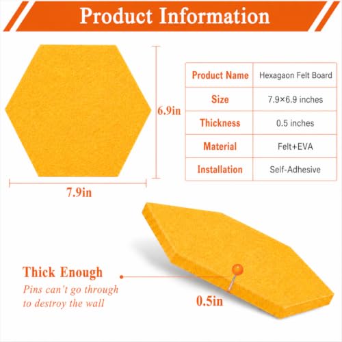 Image of Quiet Canvas Hexagon Pinboard, 1x1 ft, Pack of 8, 50 PushPins, (Yellow)