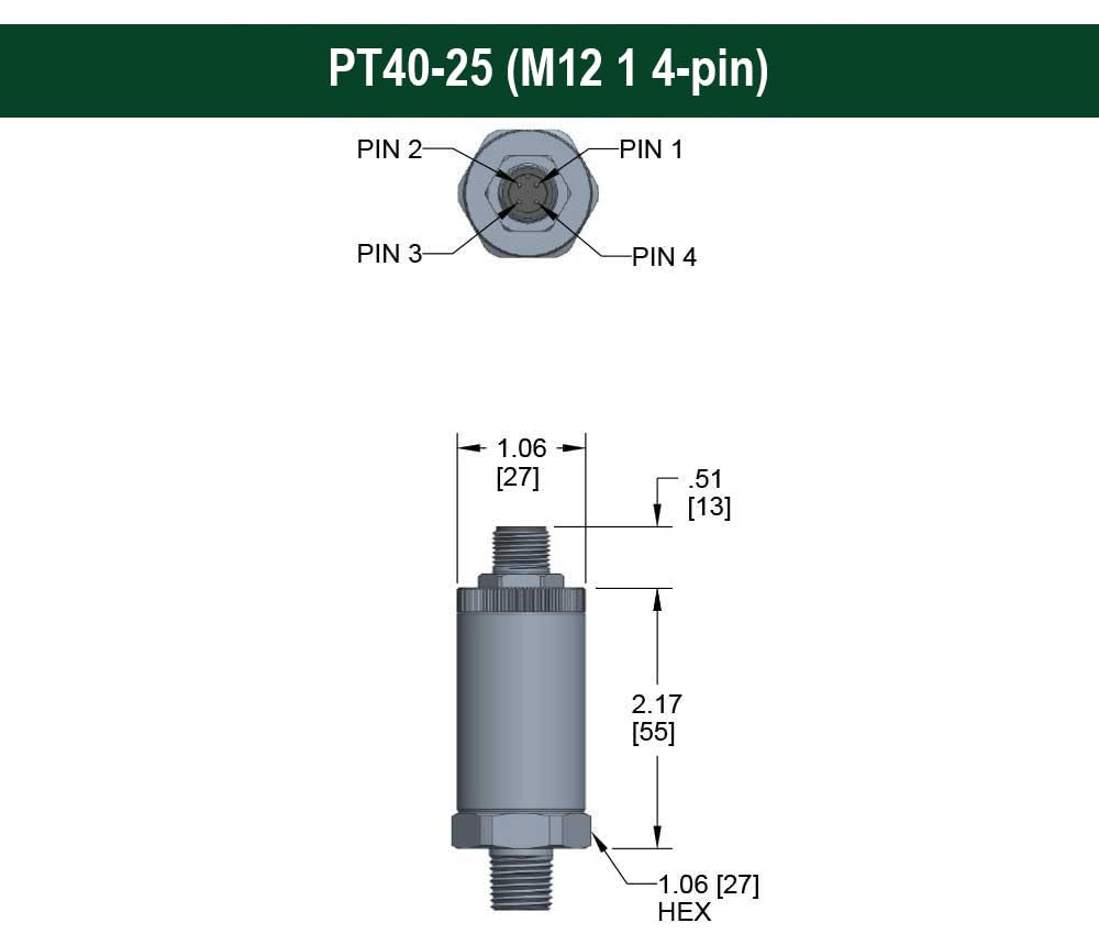 High Accuracy Fixed Range Pressure Transmitter, 0 to 5000 psi Gauge, ±0.125% of Span, Non-linearity BFSL, 0 Vdc to 5 Vdc, 3-Wire, 7/16-20 Male SAE J514 FIG 34B (Non-Adjustable), M12 x 1 4 pin