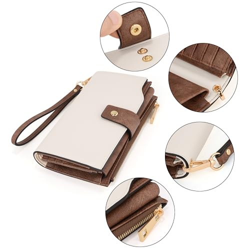 Image of UTO Wallet Women Vegan Leather Wristlet Snap Long Purse Credit Card Holder Elegant Clutch, 0459 Beige with Brown, Large, Compact