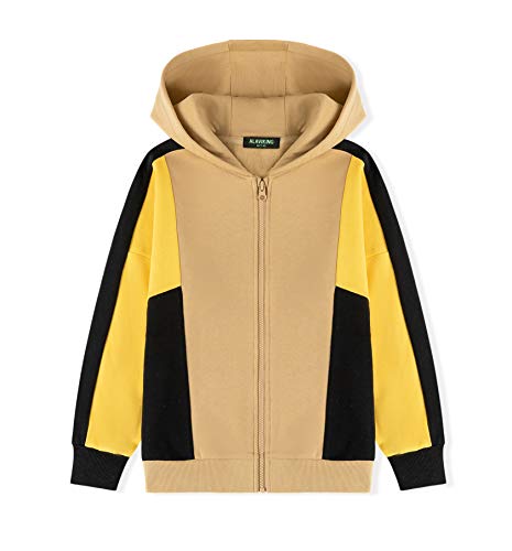ALAVIKING Kids Soft Brushed Fleece Zip up Hoodie Raglan Long Sleeve Contrast Color Hooded Sweatshirt for Boys or Girls 3-12 Years (Khaki-m)