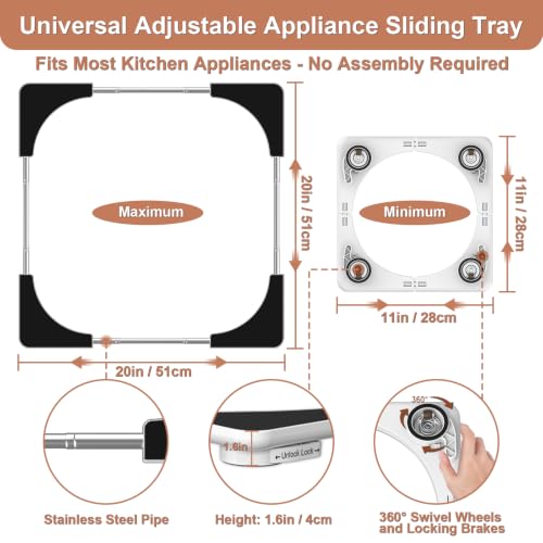 Image of Adjustable Appliance Sliding Tray - Expandable 11 inch x 11 inch- 20 inch x 20 inch | Slider Tray for Kitchen Appliances - 360 Countertop Rolling Tray with Locking Brakes for Coffee Makers