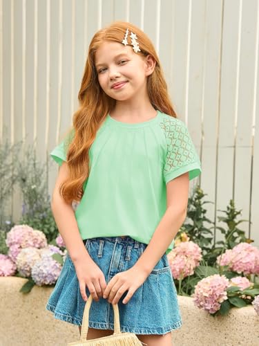 Image of Girls Pleated T Shirts Kids Fashion Lace Sleeve Summer Tops 5-14 Years | Casual Crewneck Blouse,Fashion Clothes