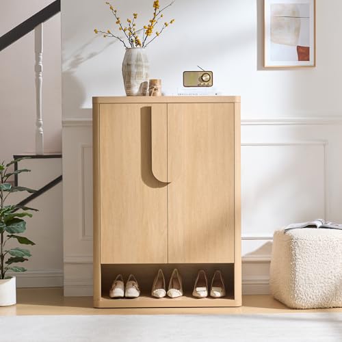NOWABAY Shoe Cabinet 44" Tall Large Storage Organizer Modern Shoe Rack with Doors & 4 Shelves Minimalist Free Standing 5-Tier Cabinet for Entryway Hallway Living Room,Natural, 2PCS