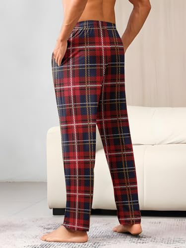Men's Soft Plaid Pajama Pants with Pockets - Long Elastic Waist Sleepwear for Winter, Cozy Fleece-Lined Lounge Bottoms4
