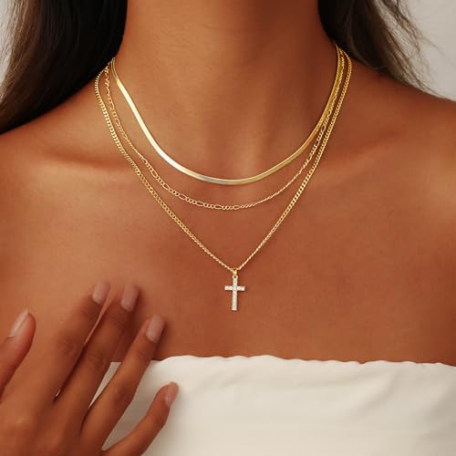 Layered Gold Cross Necklaces for Women, Stack Stackable Chunky 14K Gold Plated Cubic Zirconia Pendant Necklace Set Dainty Choker Layering Necklaces for Women Faith Jewelry Religious Gift4