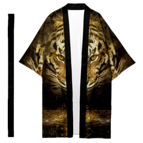 HZCX FASHION Mens Kimono Robe With Belt Printed Lightweight Open Front Samurai