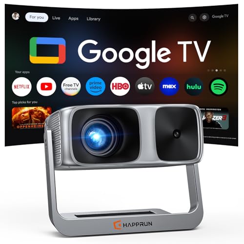 Image of 2000 ANSI Official Licensed Google TV Outdoor Projector 4K Decoding, Smart Projector with Wifi and Bluetooth, Auto Focus, Dolby Sound, Built-in Apps, HAPPRUN Indoor Home Theater with 270° Stand