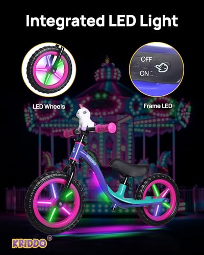Image of KRIDDO Toddler Balance Bike 2 Year Old, Colorful Lighting Kids Balance Bike for 2-5 Years Old, 12 Inch Balance Bicycle with Riding Buddy, Tool-Free, Adjustable Seat, Handlebar, Gift for 2-3 Girls Boys