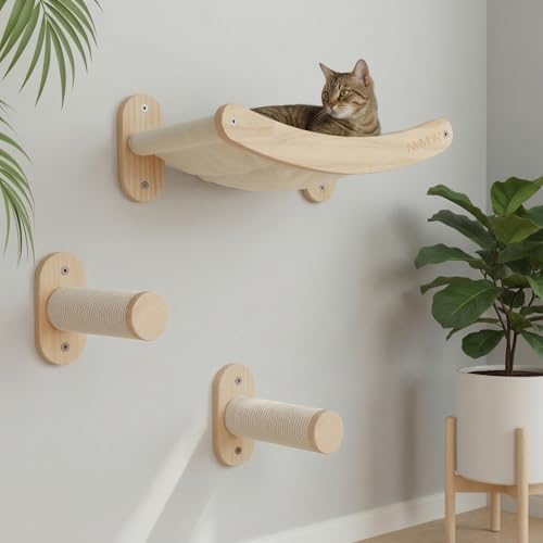 Cat Wall Shelf Bed Hammock with Sisal Stairs Set Easy Install | 16 inch Stud Design | Holds up to 33 lbs | Indoor Shelf Lounge with Safety Bar Designed in USA
