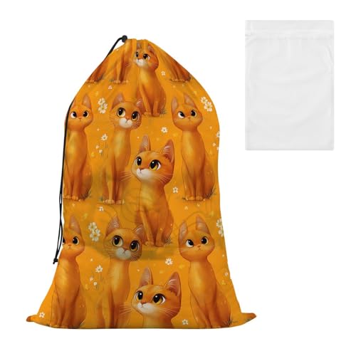 Bonita bolsa de almacenamiento para ropa sucia de gatos abisinios naranja para zapatos con bolsa de lavado de malla para lavandería para dormitorio universitario o viajes, cierre de cordón, bolsas