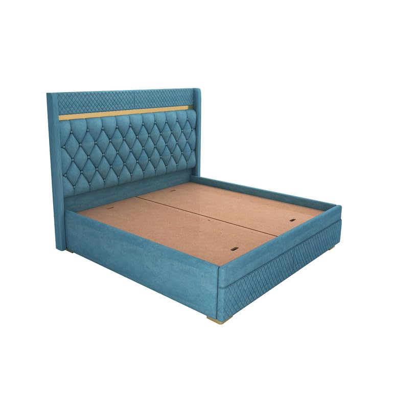 Image of MAMTA DECORATION Solid Wood Queen Size Bed with Box Storage | Premium Velvet Upholstered Tufted Headboard Palang Cot Bed | Modern Wooden Double Bed for Bedroom, Home, Hotel & Guest Room | Blue Finish