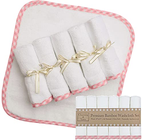 Image of Channing & Yates Premium Boutique Baby Washcloths - (6-Pack) Organic Plush Washcloths 2X Thick & Soft - Helps Eczema - Adult Face Washcloths - (Pink on White)