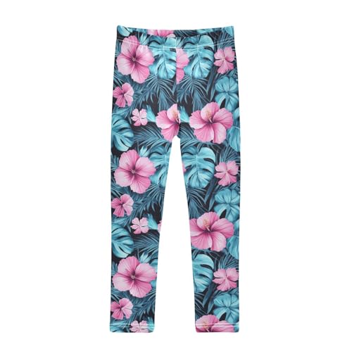 Pink Hibiscus Palm Leaf Girls Casual Leggings for Kids Printed Long Pant Bottoms Stretch and Soft