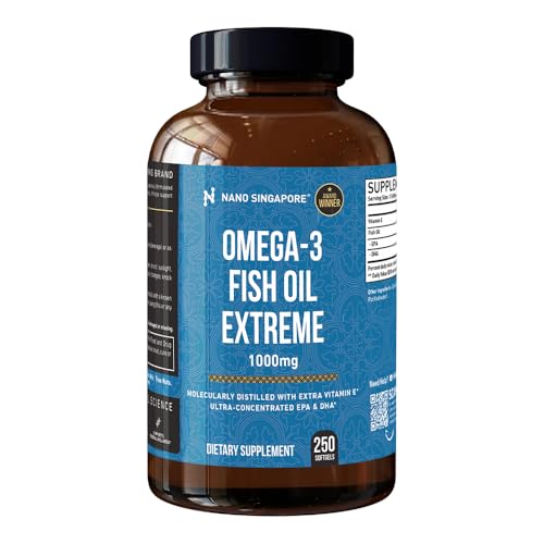 Omega 3 Fish Oil Extreme (1000mg per Capsules) Highest EPA + DHA | Heart Brain & Vision Support | 250 softgels