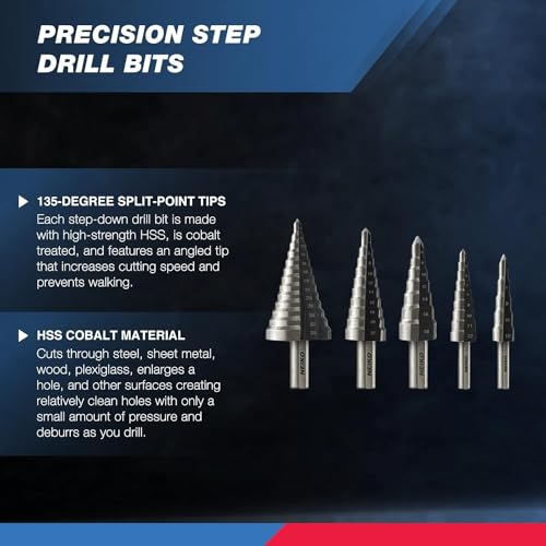 NEIKO 10198A Step Drill Bit Set | 5 Piece, 4mm- 35mm | Metric Titanium High Speed Steel Unibit, Stepper Cone Drill Bit | Two Flute Step Down Bits, 135 Degree Point 2 NEIKO 10198A Step Drill Bit Set | 5 Piece, 4mm- 35mm | Metric Titanium High Speed Steel Unibit, Stepper Cone Drill Bit | Two Flute Step Down Bits, 135 Degree Point - Image 2
