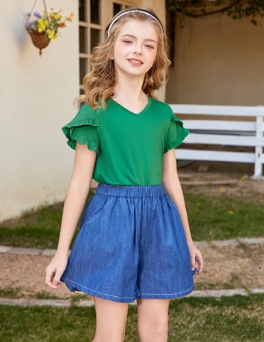 Arshiner Girls T Shirts Double Layer Ruffle Short Sleeve Casual V Neck Kids Summer Tops Blouse Tee2