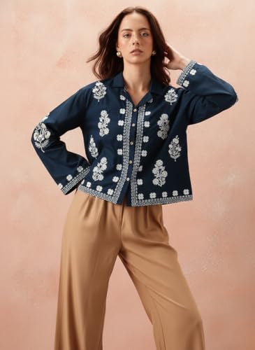 Image of Bee M Pee Designer Women's Embroidered Korean Crop Shirt | Full Bell Sleeves Western Tops for Woman Stylish | Oversized Formal /Casual /Office Wear Cotton Shirts Top for Women