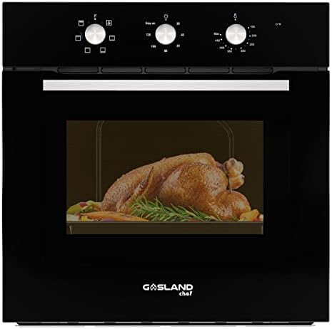 24'' Single Wall Oven, GASLAND Chef ES606MB 24 Inch Built-in Electric Ovens, 240V 2000W 2.3Cu.ft 6 Cooking Functions of Grill Conventional Timer etc. Mechanical Knobs Control, Black Glass