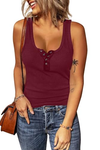 Haslike Camiseta sin Mangas Acanalada Informal de Verano para Mujer, Granate, XL