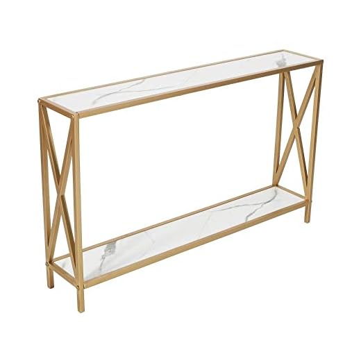 Priti p- Engineered Wood 2 Tier Console Table | End Table Side Table Console Table for Living Room Hall Bedroom Office | Multipurpose Table for Home Decor (Color: White Plank with Golden Frame)