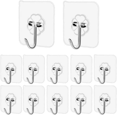 McMola Heavy Duty Adhesive Hooks 8kg (Max) 12pcs - Self Adhesive Wall Hooks for Kitchen Bathroom Hanging Utensils Towels Keys Cups and More