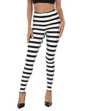 HDE Trendy Design Workout Leggings - Fun Fashion Graphic Printed Cute Patterns Black and White Horizontal Stripes - L
