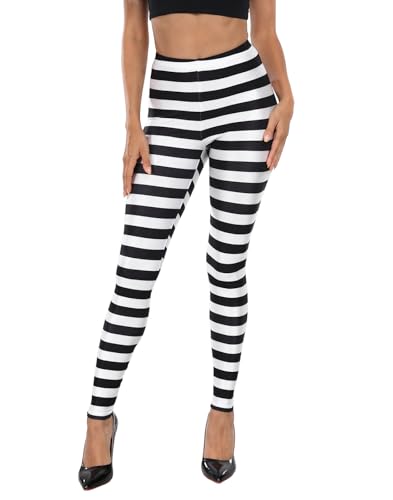 HDE Trendy Design Workout Leggings - Fun Fashion Graphic Printed Cute Patterns Black and White Horizontal Stripes - XXL