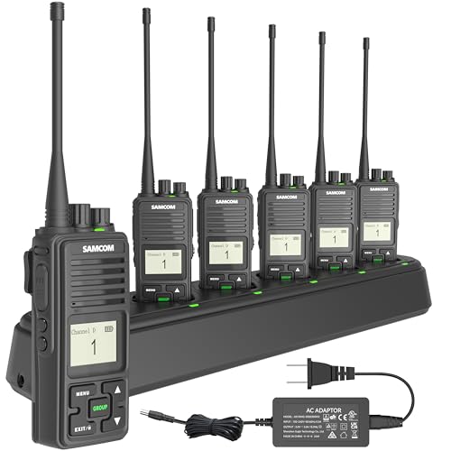 Image of SAMCOM FPCN10A Radio Walkie Talkie Adult with Six Way Multi Charger Station | 2 Way Radios with Earpiece Long Range Heavy Duty Rugged UHF Group Call Dual PTT 3000mAh Battery for Security School Jobsite