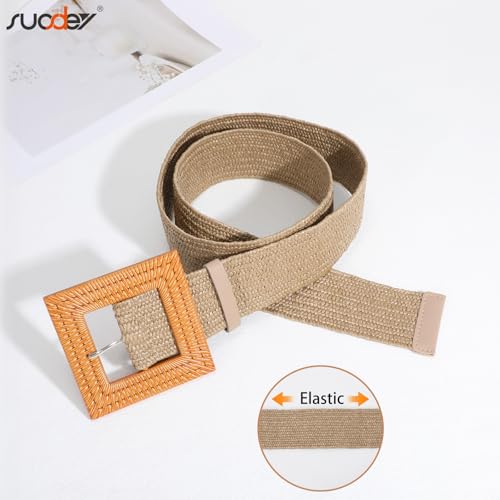 Image of SUOSDEY 2 Pack Straw Woven Elastic Belt Braided Stretch Wide Belt for Women Dress, C-khaki+beige, Fit Waist up to 35''