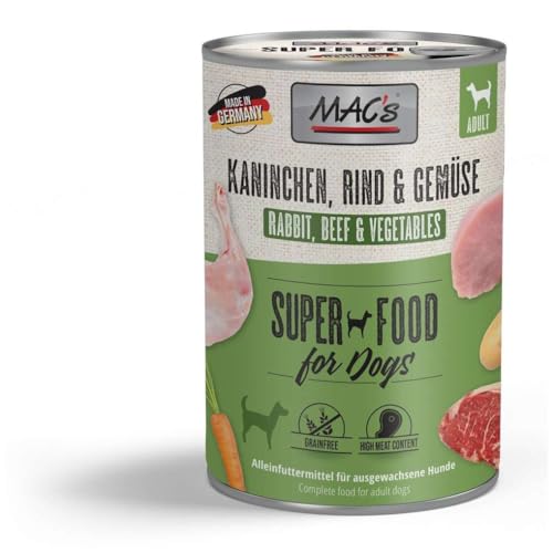 MACs Dog Kaninchen & Gemüse | 6 x 400 g | Alleinfuttermittel für Hunde | getreidefreies Nassfutter mit Gemüse | ohne Soja, Farbstoffe, Tier- und Knochenmehl | Mit 60% Fleischanteil