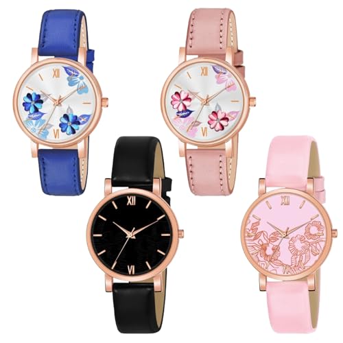 Image of Multicolor Flower Dial Leather Strap Gifts for Women Formal Girl's and Women's Watch Women's Analog Combo Watch for Women (Pack of 4)