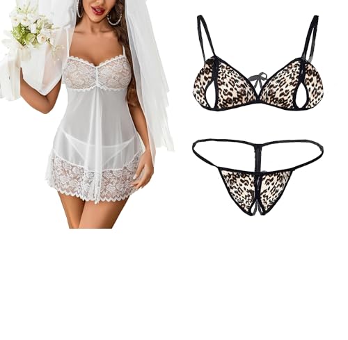 Image of SSoShHub Lace Babydoll Lingerie Sexy Mini Chemise Mesh Wedding Nightie Bridal Nightdress with Bikini