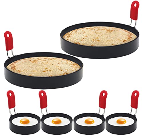 JANNO 6PCS Pancake Mold, Egg Ring, Nonstick Black Coated Metal Cooking Rings with Silicone Anti-scald Handle for Griddle, DIY Sandwich Eggs, English Muffin, Pancakes, Burger, Breakfast