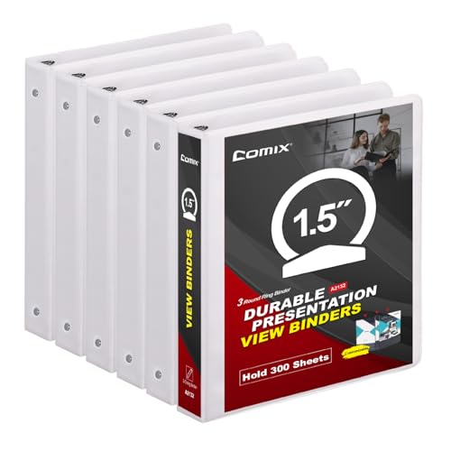 COMIX Sturdy 3 Ring Binder 1.5 inch with Clear View Cover 1-1/2 Round Ring View Binder PVC-Free 2.4mm-Thick 300 Sheets Capacity of US Letter Size Paper Office School Supplies 6 Pack (White)