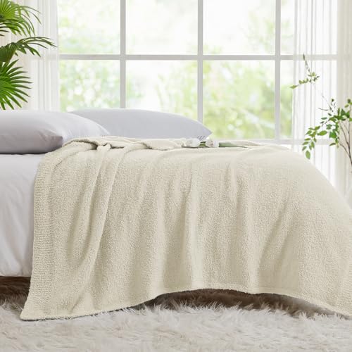 Image of CYMULA Super Soft Knit Throw Blanket Throw Size Beige - Lightweight Plush Fuzzy Fluffy Warm Cozy Blankets and Throws for Sofa Bed All Season Use, 50x60 inches